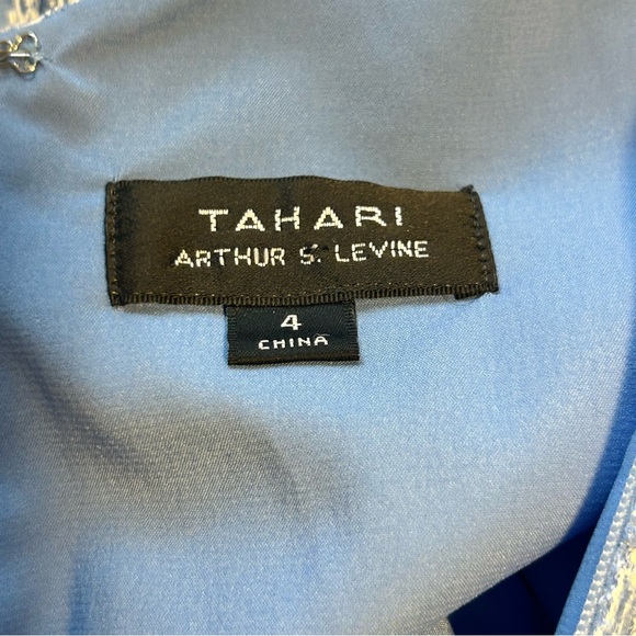 Tahari Sleeveless Carolina Blue White/Silver Sheer Overlay w Ribbon Sash | Sz 4 - Picture 8 of 13